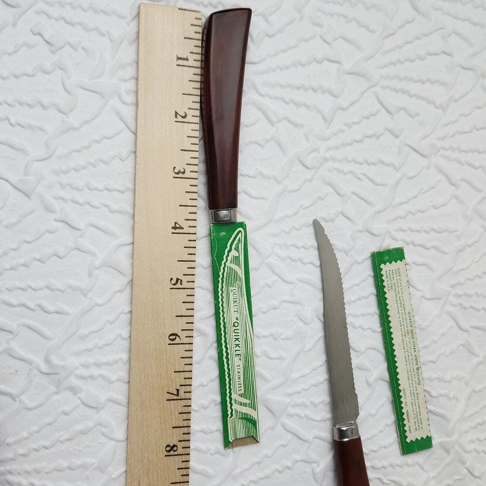 Quikut QUIKKLE Set Of 2 Stainless Steel Steak Knifes Brown Handle Vintage